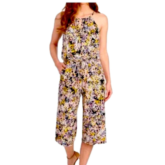 London Times Spring Floral Cropped Halter Jumpsuit Size 12 - Picture 1 of 15
